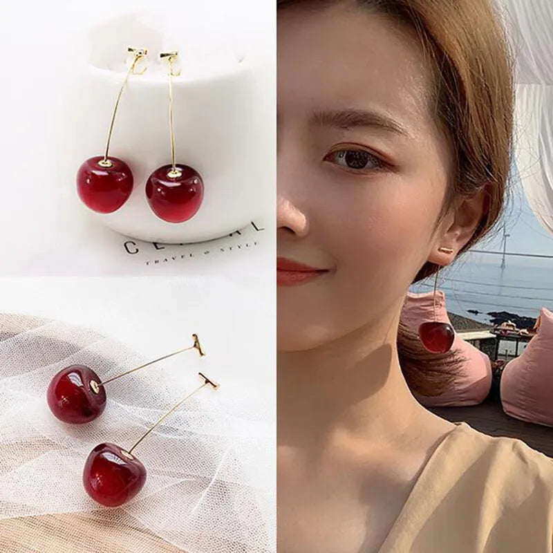 Glass Cherry Needle Thread Earrings