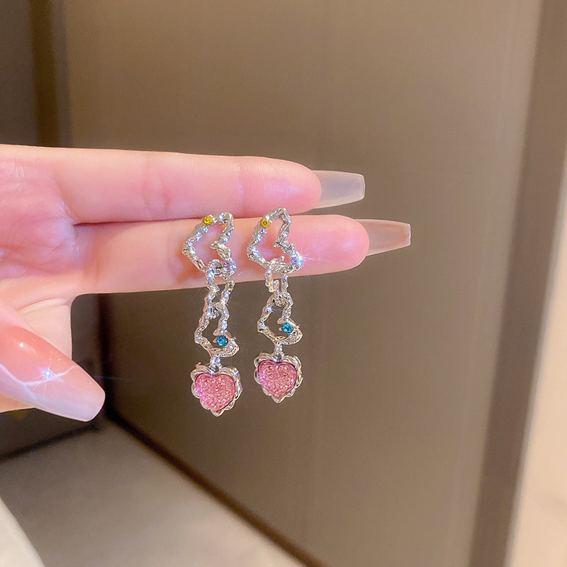 Silver Heart Shape & Pink Crystal Long Korean Earrings