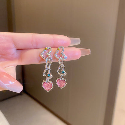 Silver Heart Shape & Pink Crystal Long Korean Earrings