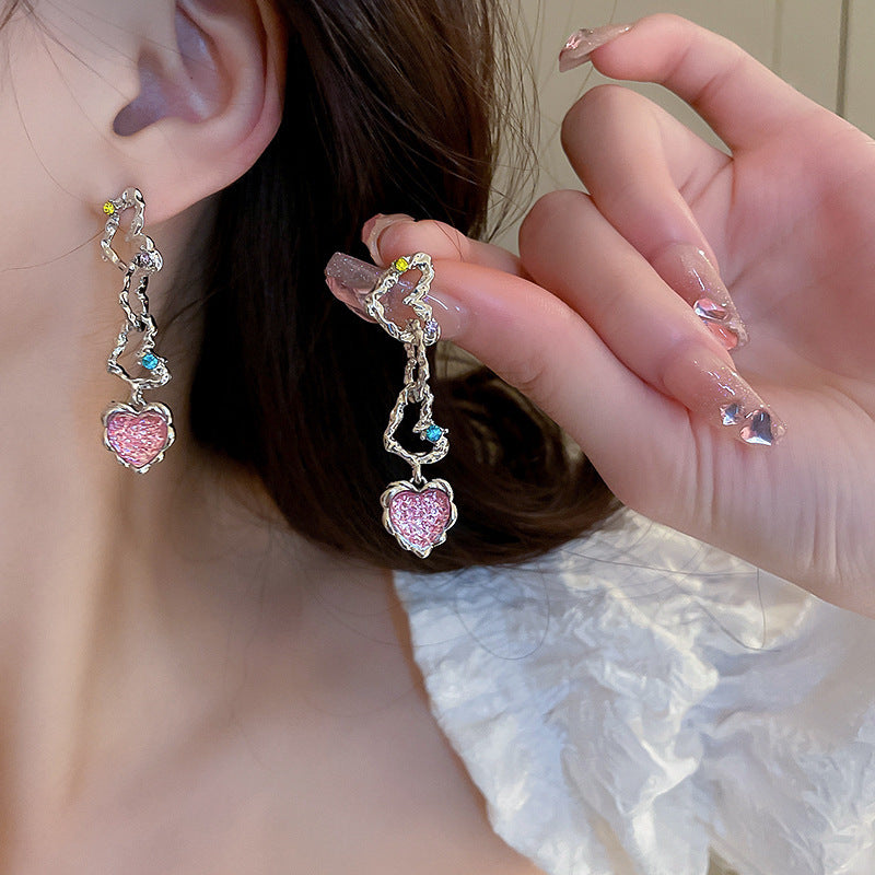 Silver Heart Shape & Pink Crystal Long Korean Earrings