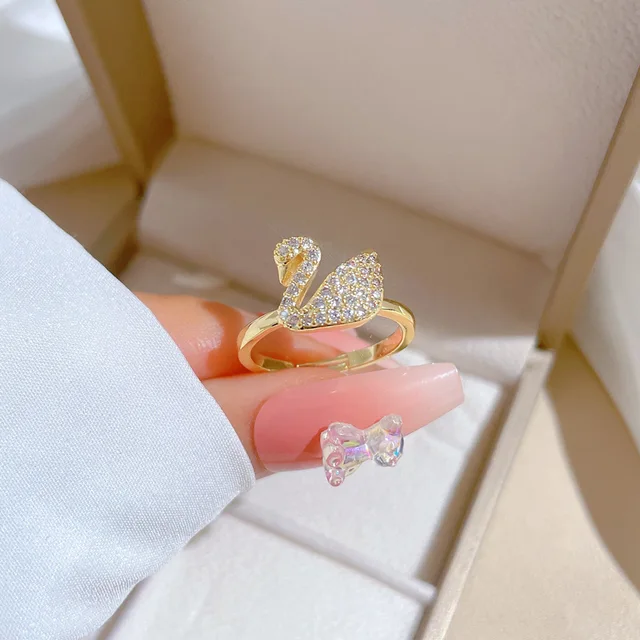 Adjustable Golden Stone Studded Swan Ring