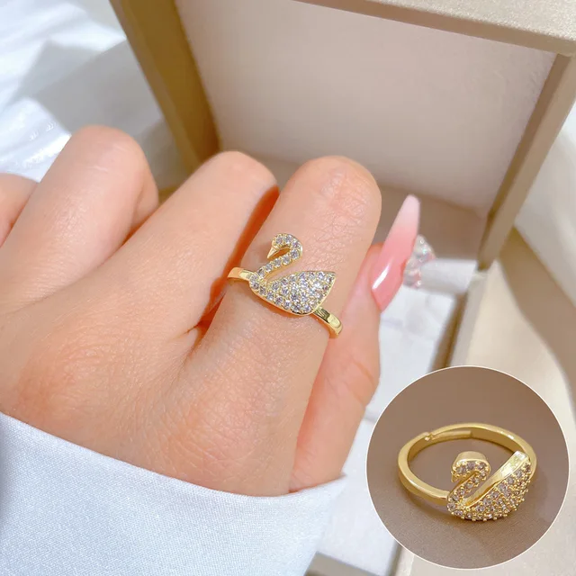 Adjustable Golden Stone Studded Swan Ring