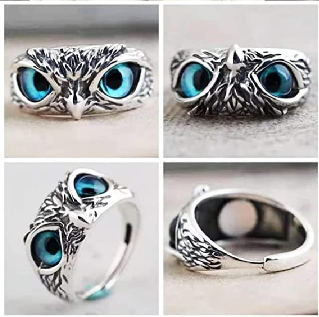 Adjustable Silver Blue Eyes Owl Ring