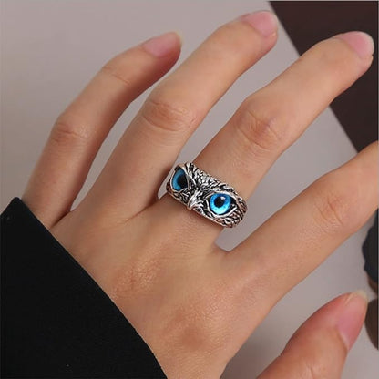 Adjustable Silver Blue Eyes Owl Ring