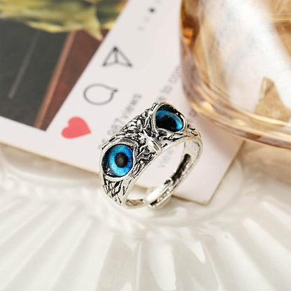 Adjustable Silver Blue Eyes Owl Ring