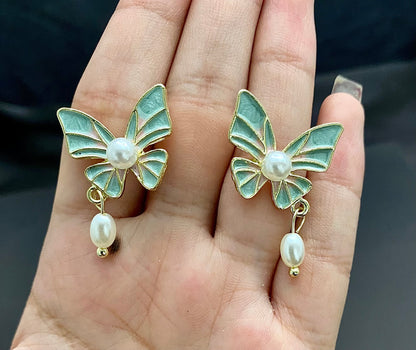 Light Green Butterfly & Faux Pearl Drop Korean Earrings