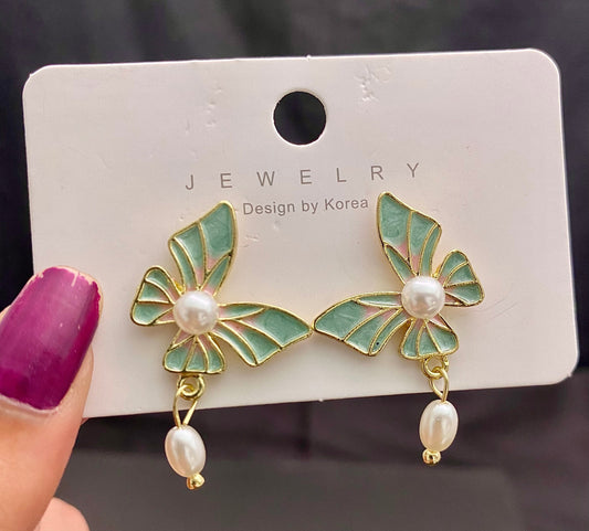 Light Green Butterfly & Faux Pearl Drop Korean Earrings