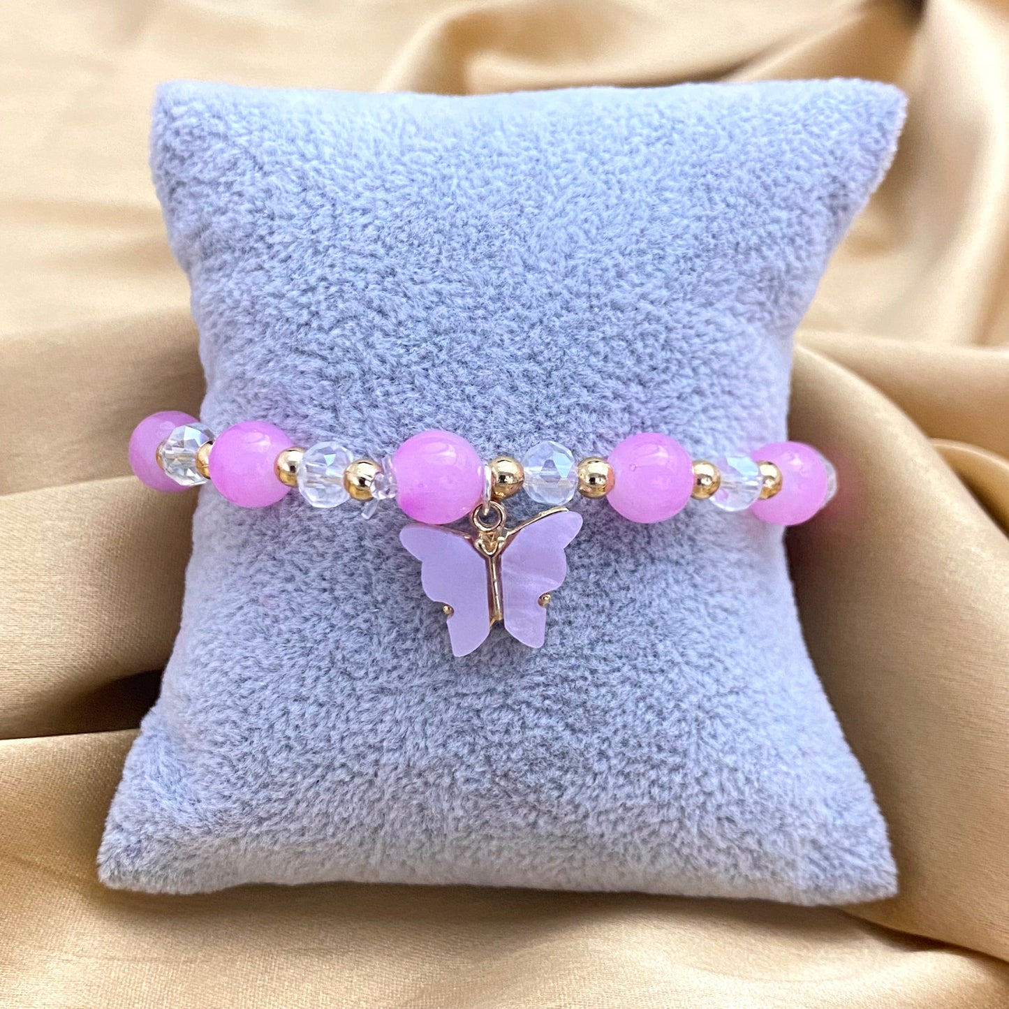 Stretchable Lavender Glass Beads Bracelet With Lavender Butterfly Charm