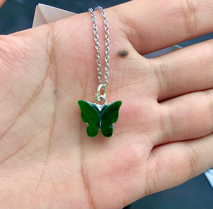 Waterproof Acrylic Green Butterfly Charm Necklace With Stainless Steel Chain