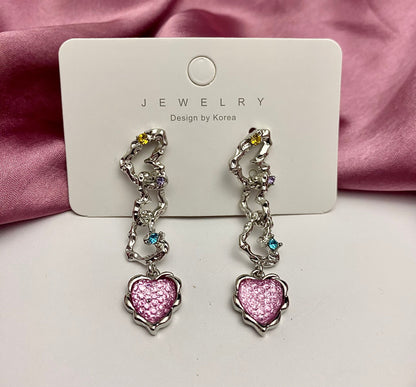 Silver Heart Shape & Pink Crystal Long Korean Earrings