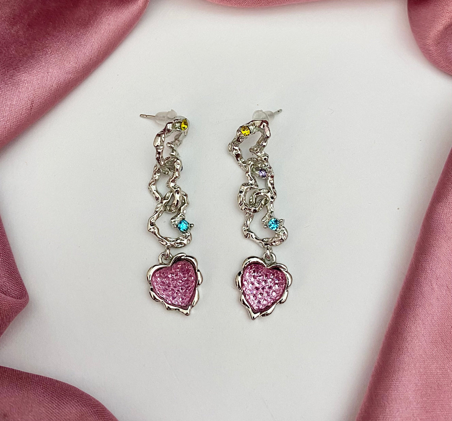 Silver Heart Shape & Pink Crystal Long Korean Earrings