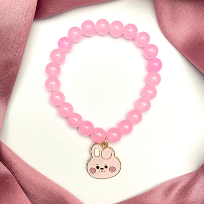 Cute Pink Adjustable BTS Cooky Character Glass Beads Bracelet