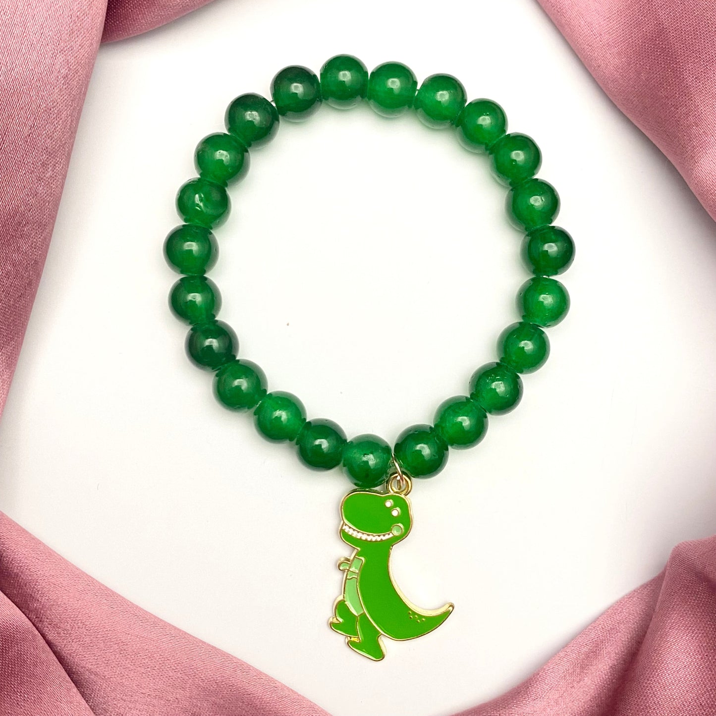 Cute Green Adjustable Dinosaur Charm Glass Beads Bracelet