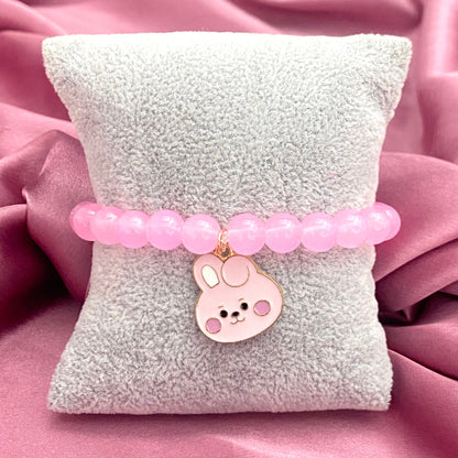 Cute Pink Adjustable BTS Cooky Character Glass Beads Bracelet