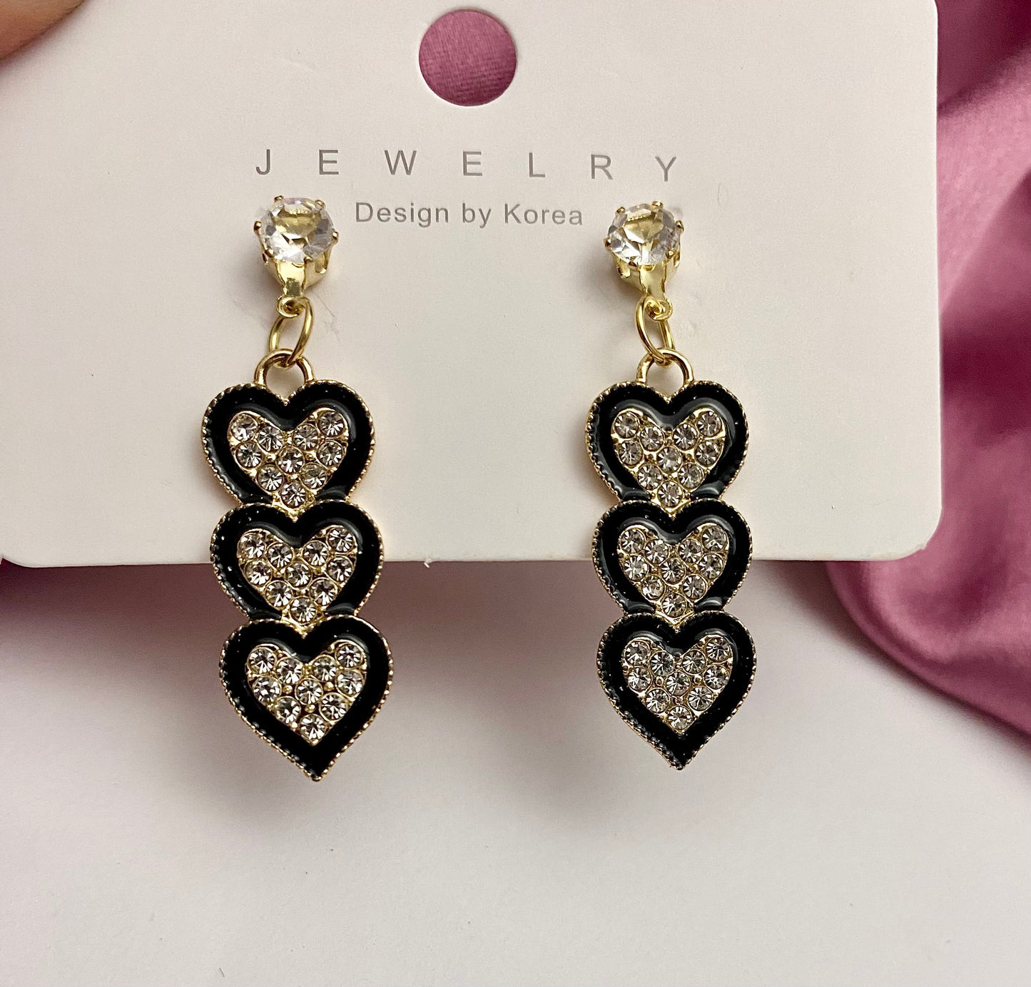 Black Triple Heart Korean Earrings