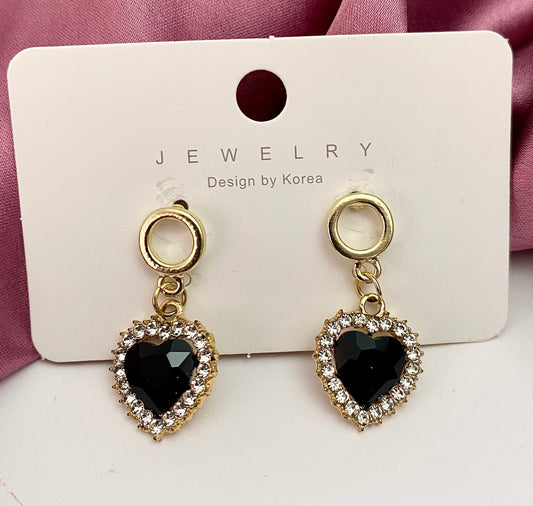 Black Crystal Heart Drop Korean Earrings