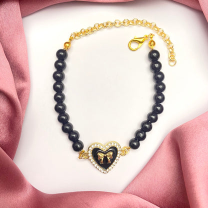 Black Bead Bracelet With Black Stone Studded Heart Charm