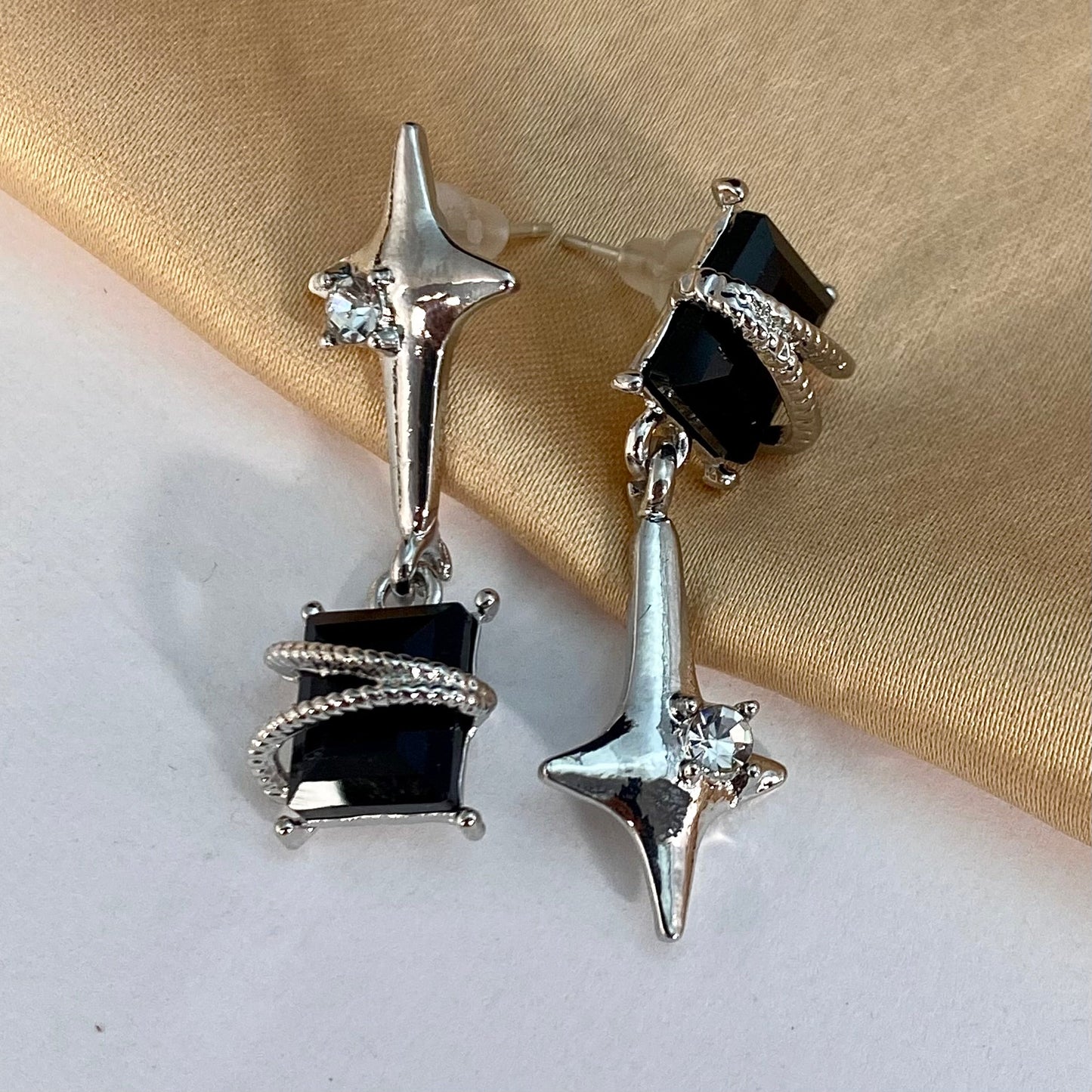 Black Uneven Stone Studded Korean Earrings