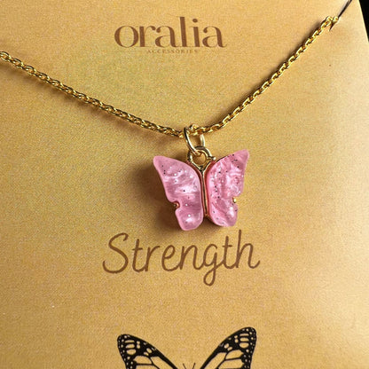 Glitter Pink Acrylic Butterfly Necklace (Waterproof)