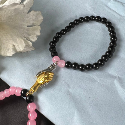 Couple Magnetic Hand Stretchable Bracelet Pink Black (Small Beads)