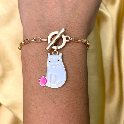 Simple Classic Slim Gold Link Chain Bracelet With Cat Charm