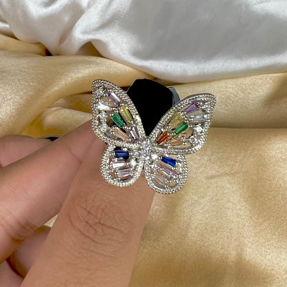 Adjustable Silver Butterfly Multicolour Stone Friendship Copper Ring