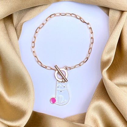 Simple Classic Slim Gold Link Chain Bracelet With Cat Charm