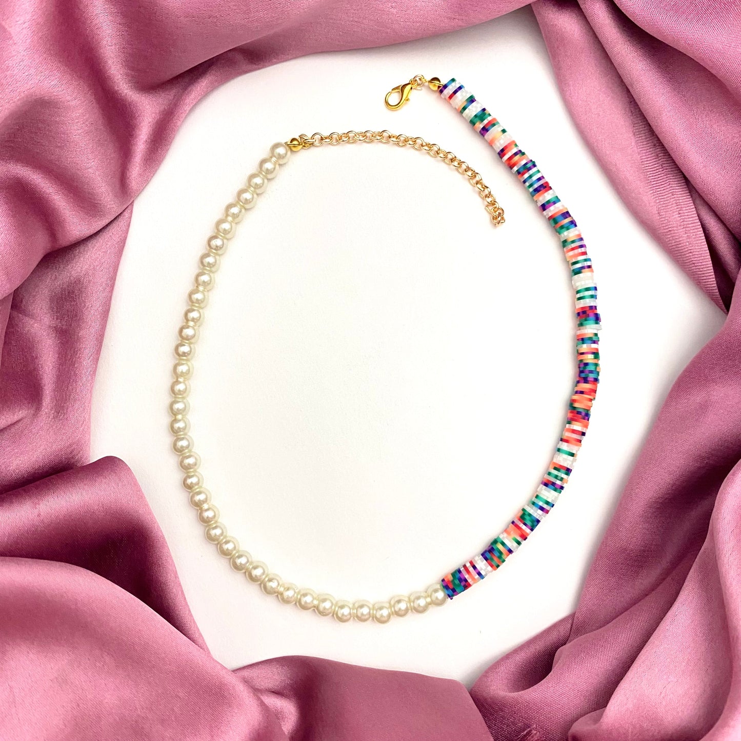 Half Pearl & Half Multicolour Clay Beads Necklace