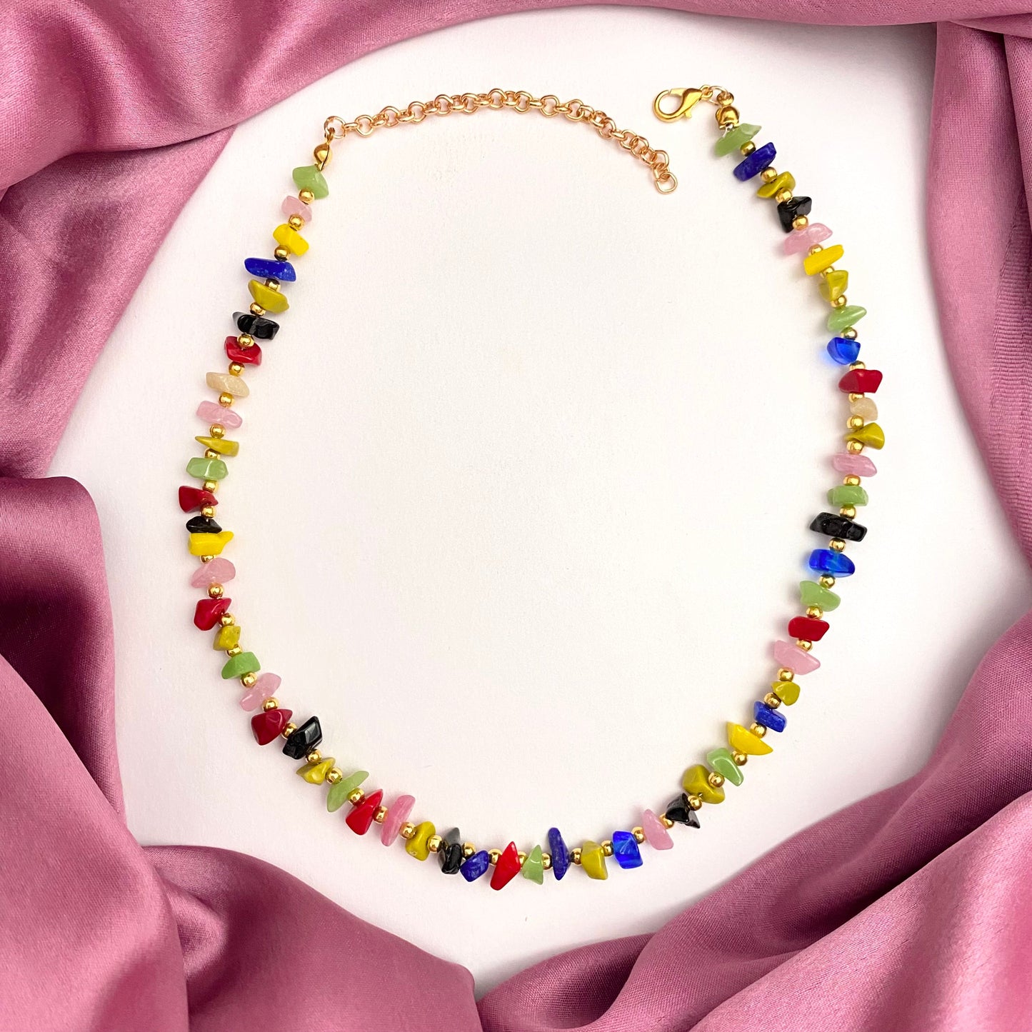 High Quality Unique Multicolour Uncut Stone Necklace With Golden Beads