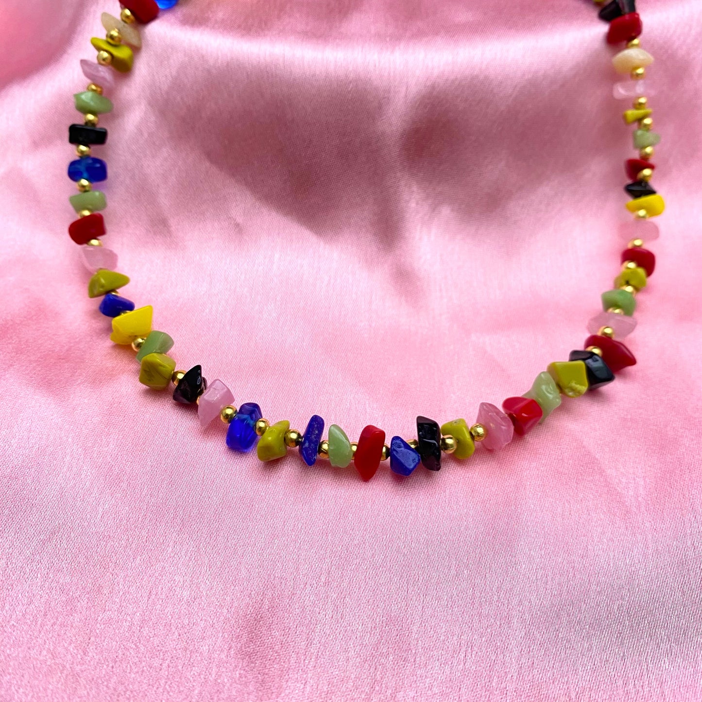 High Quality Unique Multicolour Uncut Stone Necklace With Golden Beads