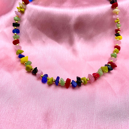 High Quality Unique Multicolour Uncut Stone Necklace With Golden Beads