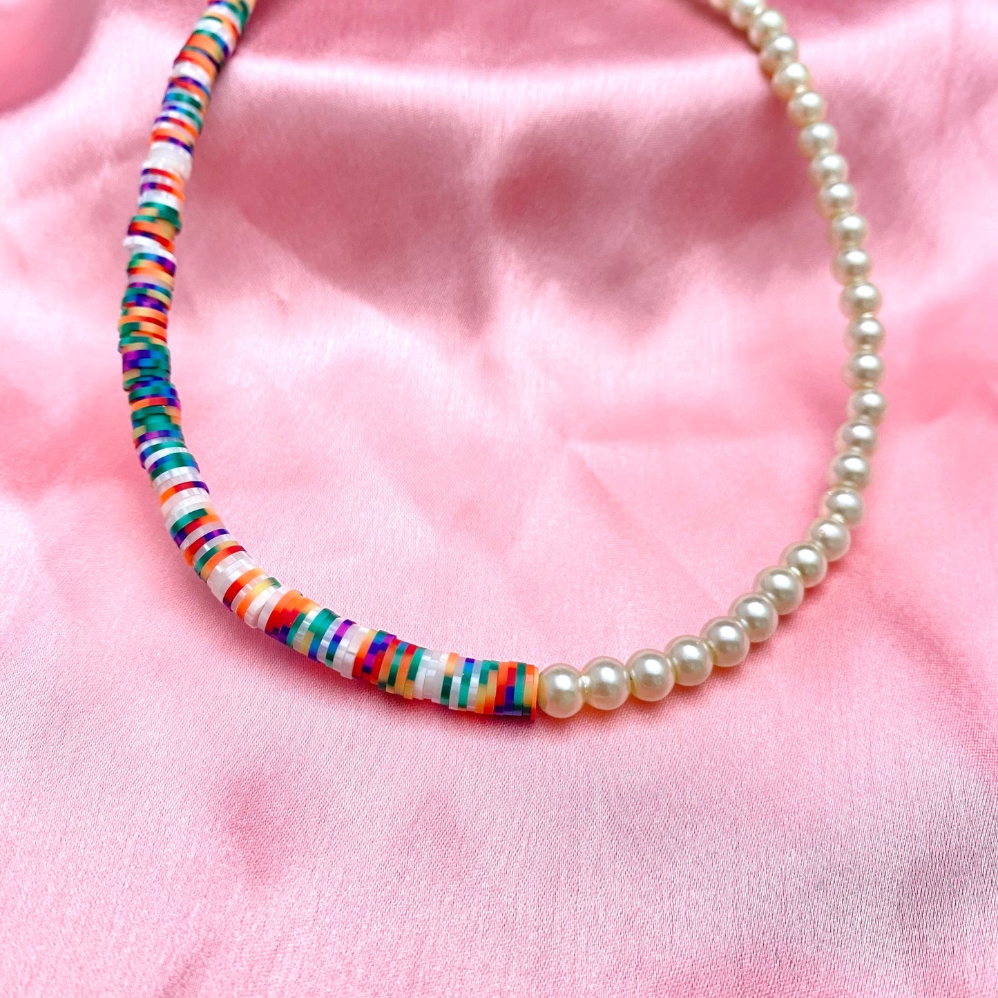 Half Pearl & Half Multicolour Clay Beads Necklace