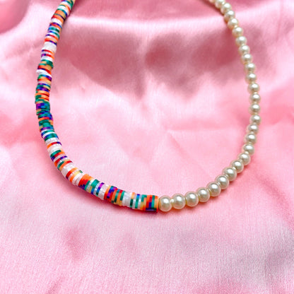 Half Pearl & Half Multicolour Clay Beads Necklace