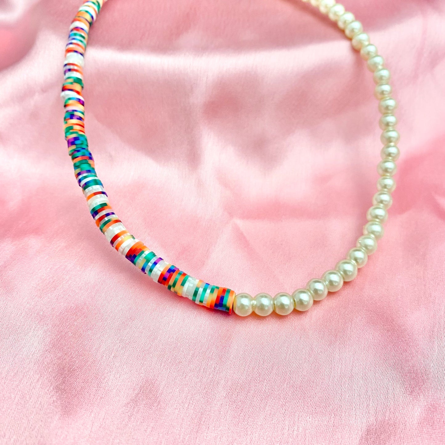 Half Pearl & Half Multicolour Clay Beads Necklace