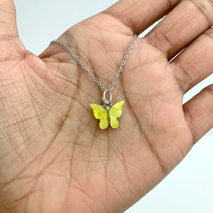 Waterproof Acrylic Light Yellow Butterfly Charm Necklace With Stainless Steel Chain