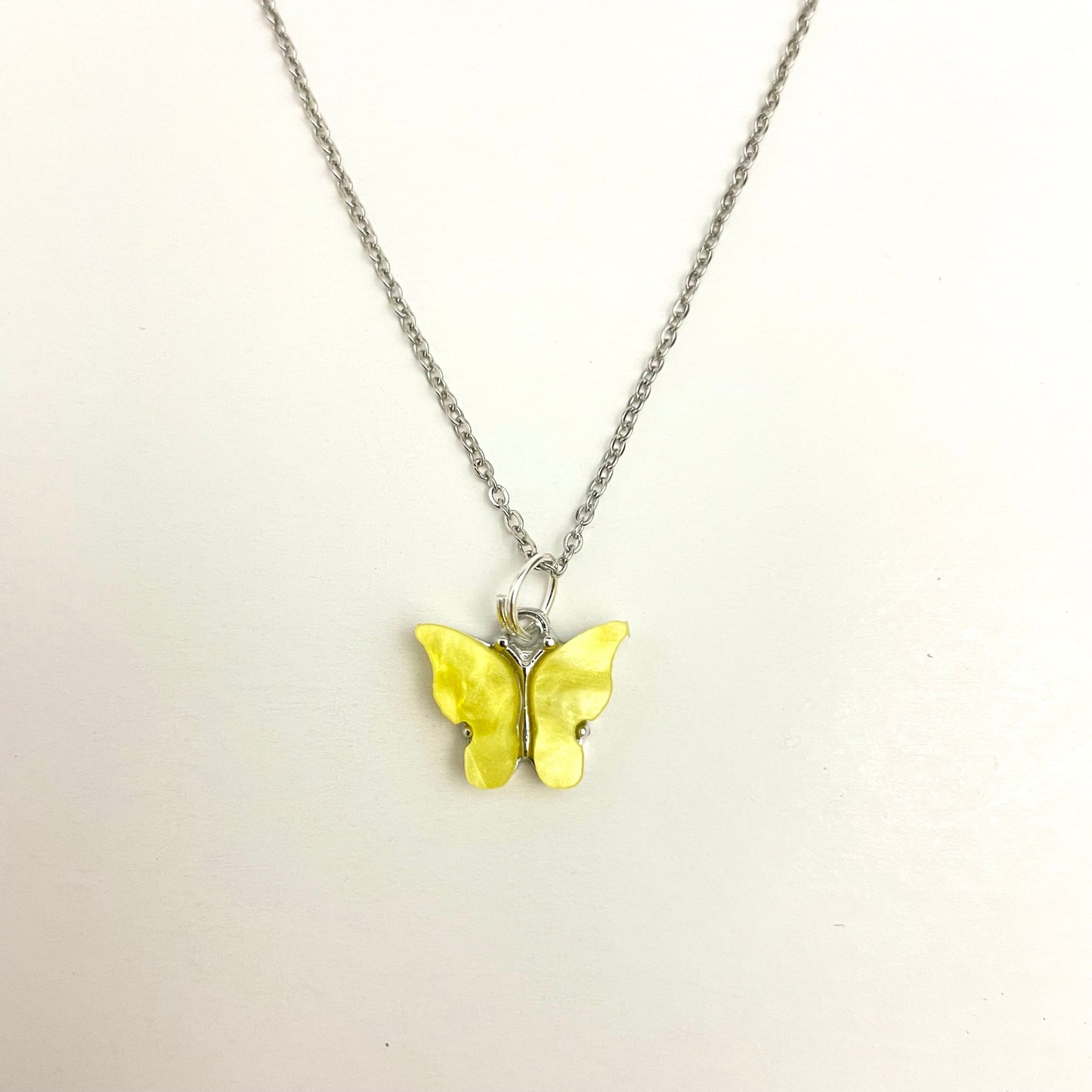 Waterproof Acrylic Light Yellow Butterfly Charm Necklace With Stainless Steel Chain