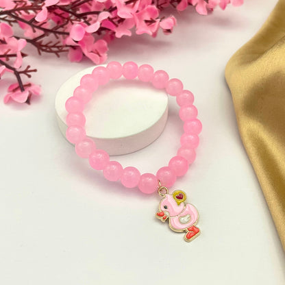 Stretchable Pink Glass Bead Bracelet With Duck Charm