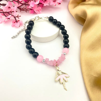 Adjustable Black Glass Bead Bracelet With Ballerina Dancer Charm