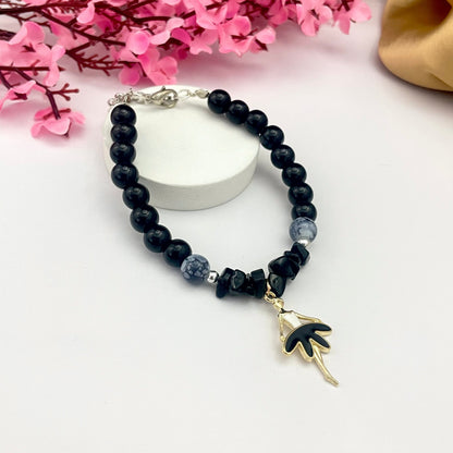 Adjustable Black Glass Bead Bracelet With Ballerina Dancer Charm