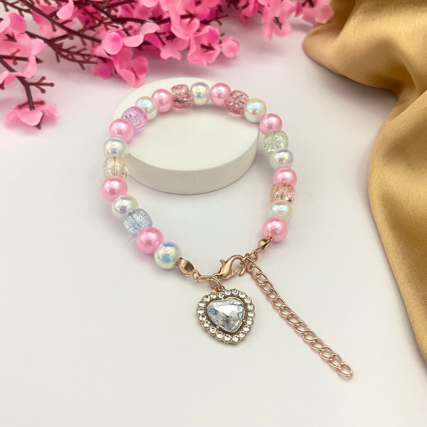 Stretchable Glass Bead Bracelet With Stone Studded Heart Charm