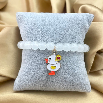 Stretchable White Glass Bead Bracelet With Duck Charm