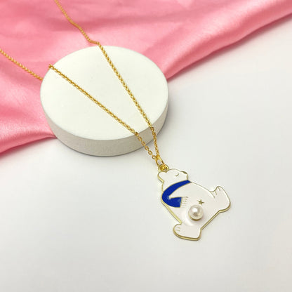 White Bear With Pearl Charm Necklace (Waterproof)