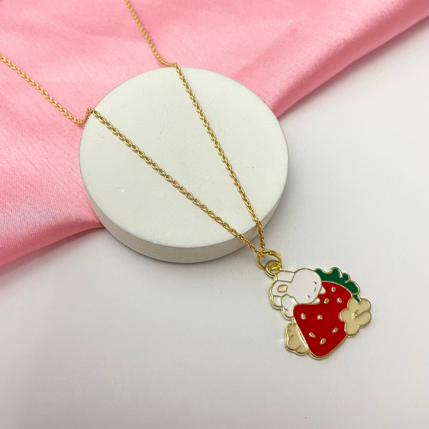 Cute Rabbit With Strawberry Charm Necklace (Waterproof)