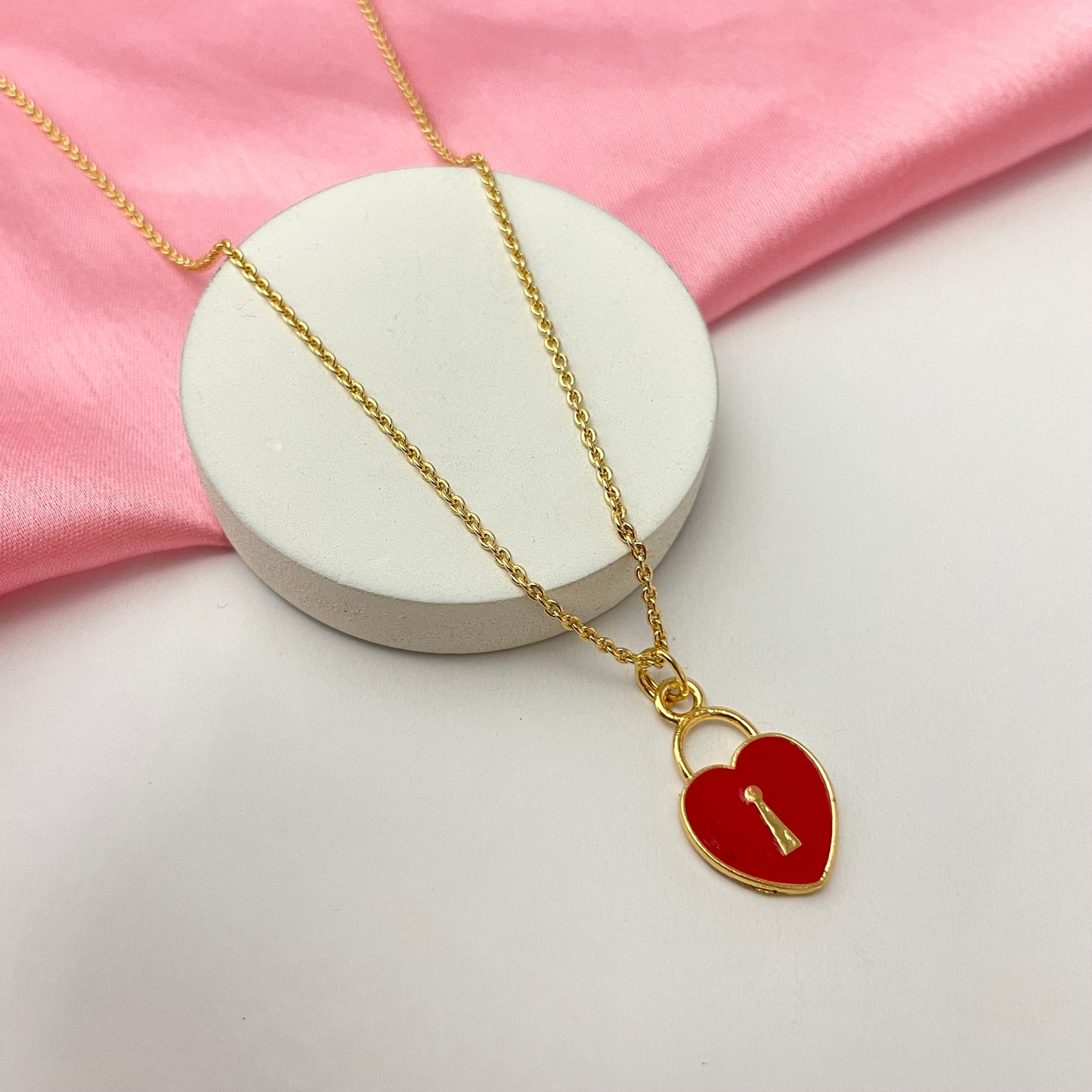 Red Heart  Lock Charm Necklace (Waterproof)