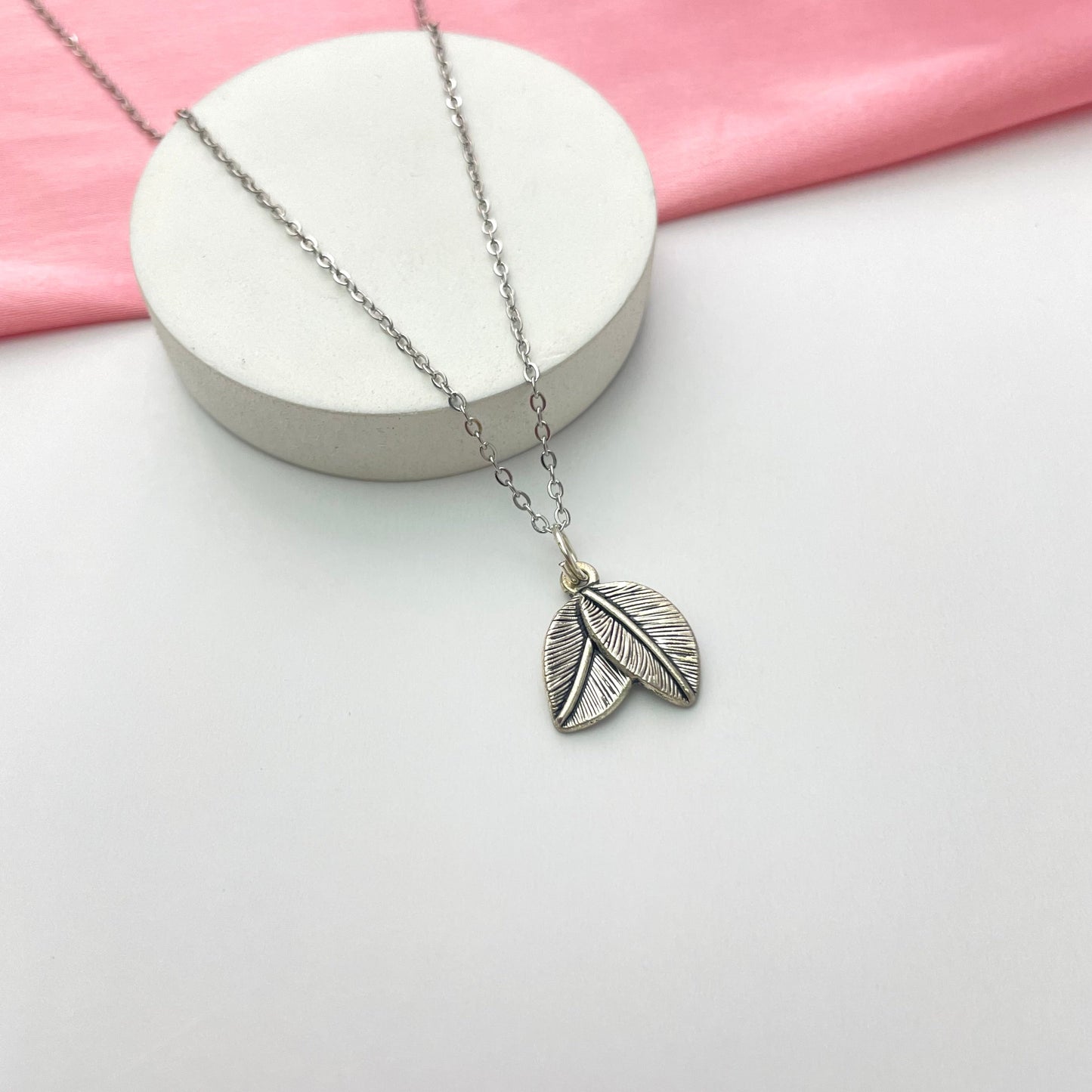 Silver Double Leaf Charm Necklace With Stainless Steel Chain