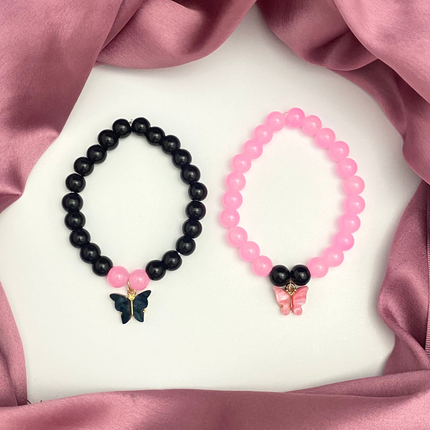 Pink & Black Stretchable Friendship Butterfly Glass Beads Bracelet (8mm Beads)