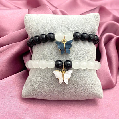 White & Black Stretchable Friendship Butterfly Glass Beads Bracelet (8mm Beads)