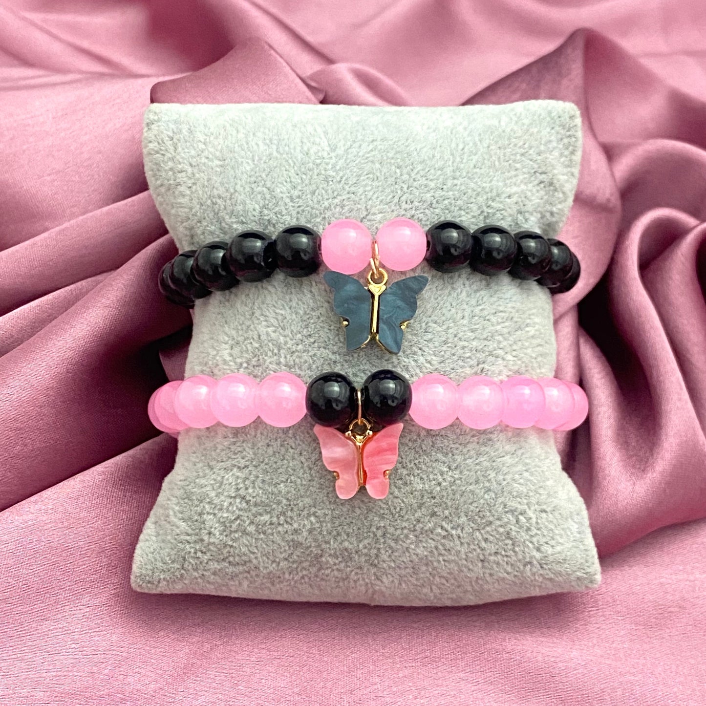 Pink & Black Stretchable Friendship Butterfly Glass Beads Bracelet (8mm Beads)