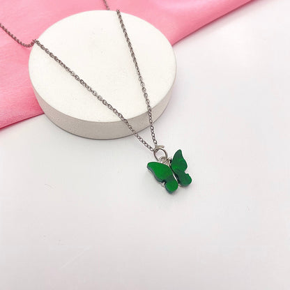 Waterproof Acrylic Green Butterfly Charm Necklace With Stainless Steel Chain