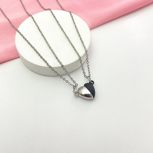 Waterproof Silver Magnetic Heart Couple Necklace With Stainless Steel Chain